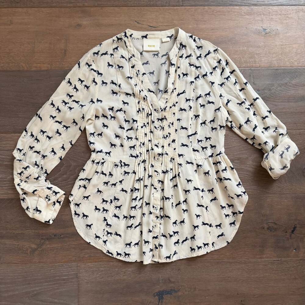 Maeve Flowy V Neck Pleated Horses Blouse ~ Peplum Hem ~ Cream, Navy ~ Sz 6